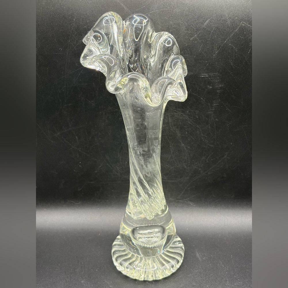 Vintage Mid Century Swung Glass Vase Chunky Ruffled Thick Walled Vessel Decor - Picture 2 of 14